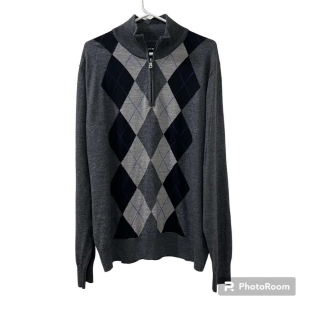 Apt 9 Mens Gray Black Argyle Merino Wool Blend 1/4 Zip Ribbed Hem Sweater Sz XXL